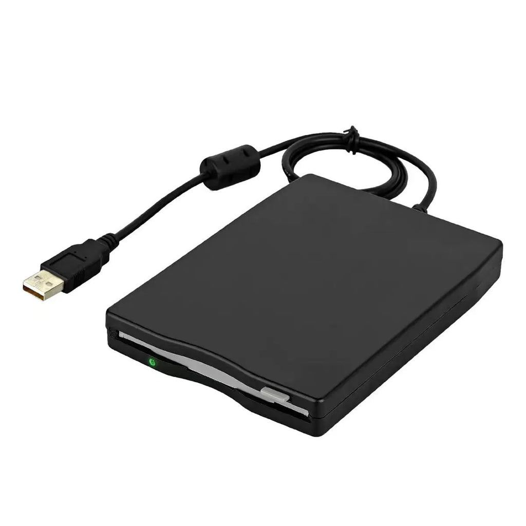 External black USB floppy drive for 35 disquete disks on a light background