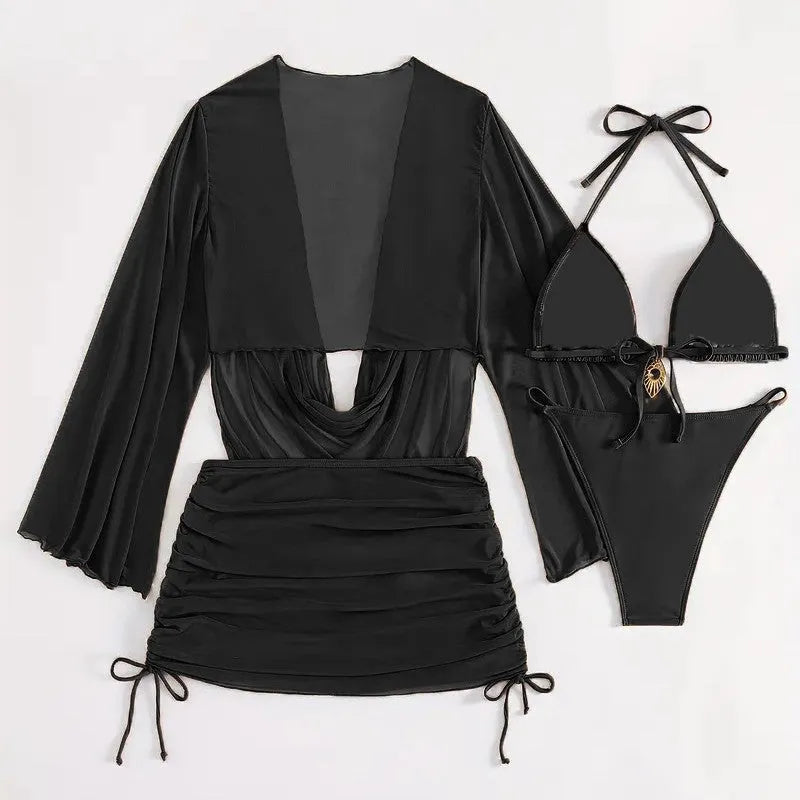 Dark brown women's lace-up bikini swimsuit set with sleeveless blouse and briefs.