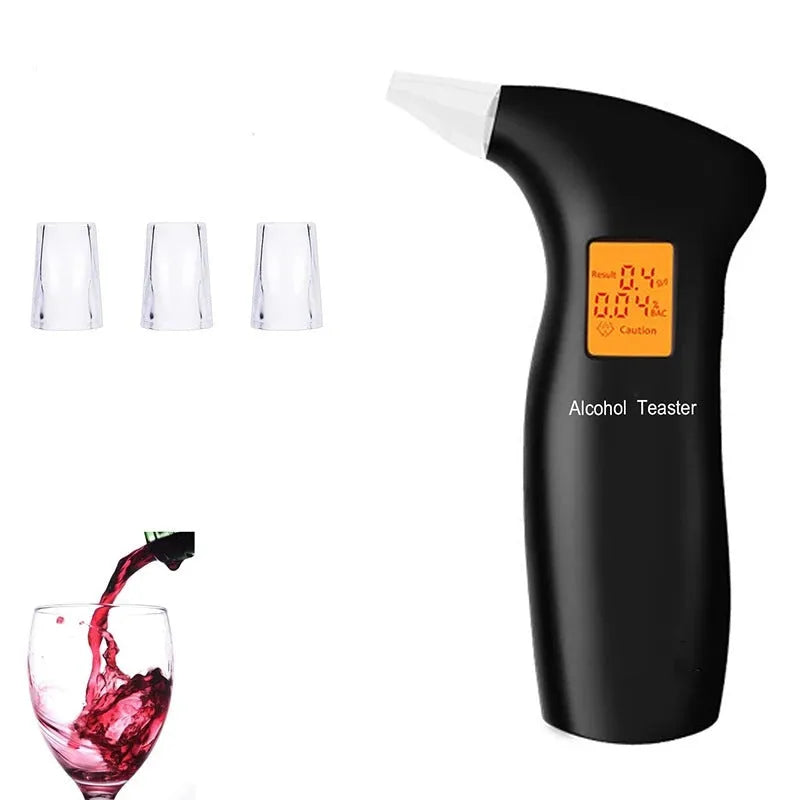 Portable orange light breath alcohol tester in black or blue casing with four separate mouthpieces.
