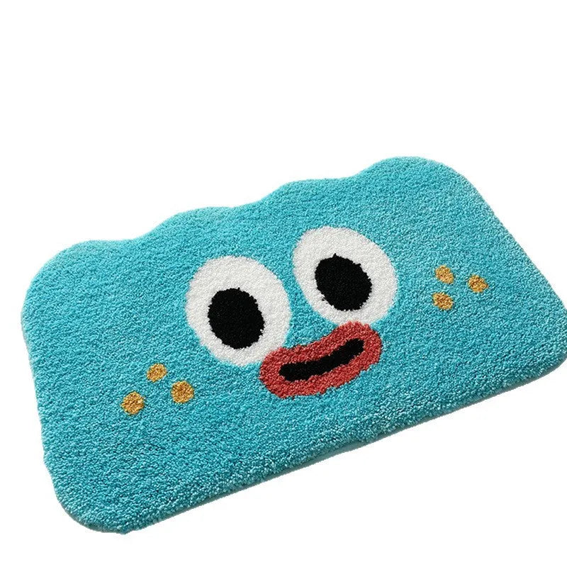 Big eye clouds cartoon patterned bathroom mat in soft green on a bathroom floor.
