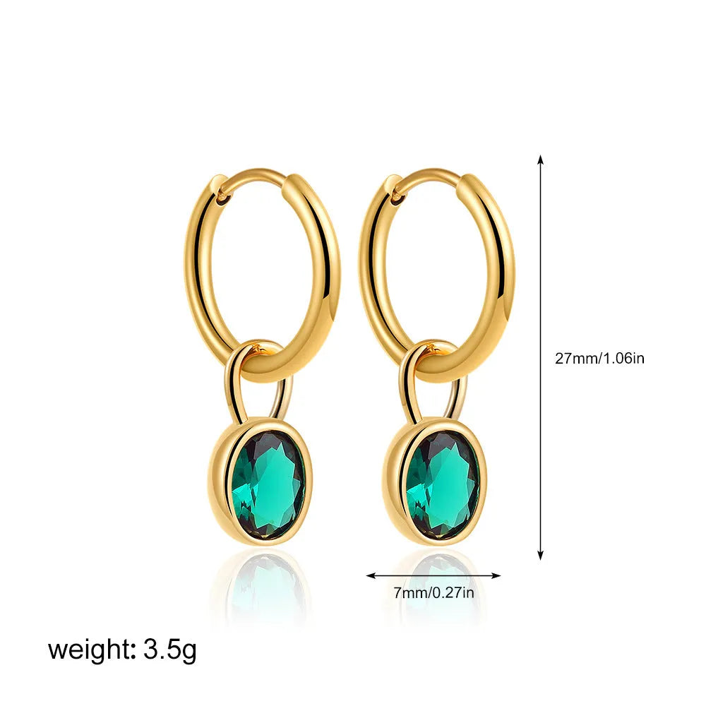 Close-up of women's simple oval zircon stud earrings in copper, showing army green and emerald colour options on a white background.