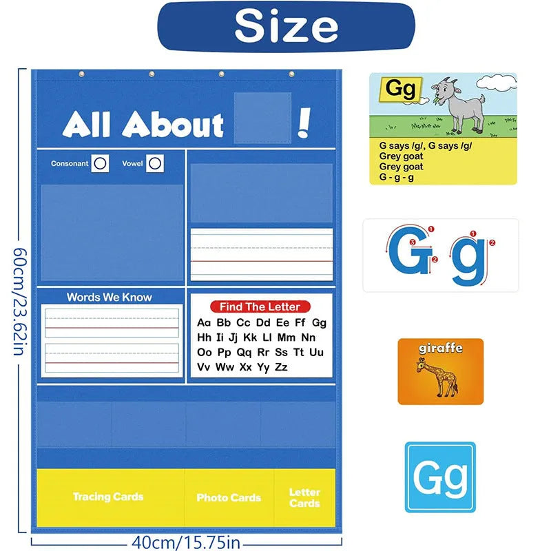 Creative Letters Learning Sleeve Table Chart, a blue fabric play mat with card sleeves, surrounded by letter, picture, and word cards.