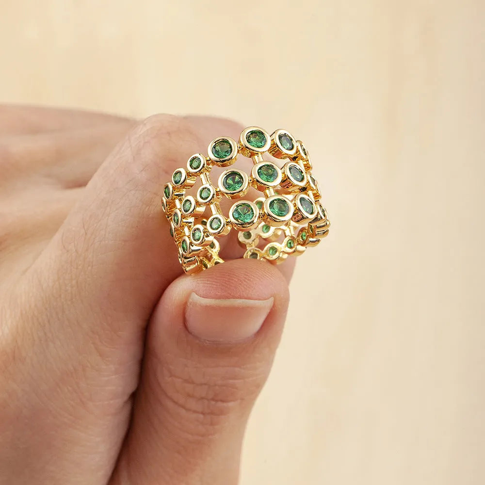 Gold plated copper three-layer ring with green colour and zircon detailing