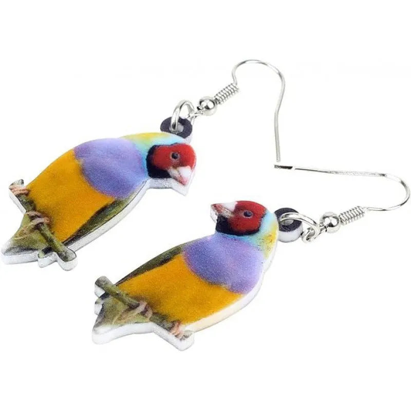 Blue Titmouse bird pendant acrylic earrings with silver snake chain detail on a white background.