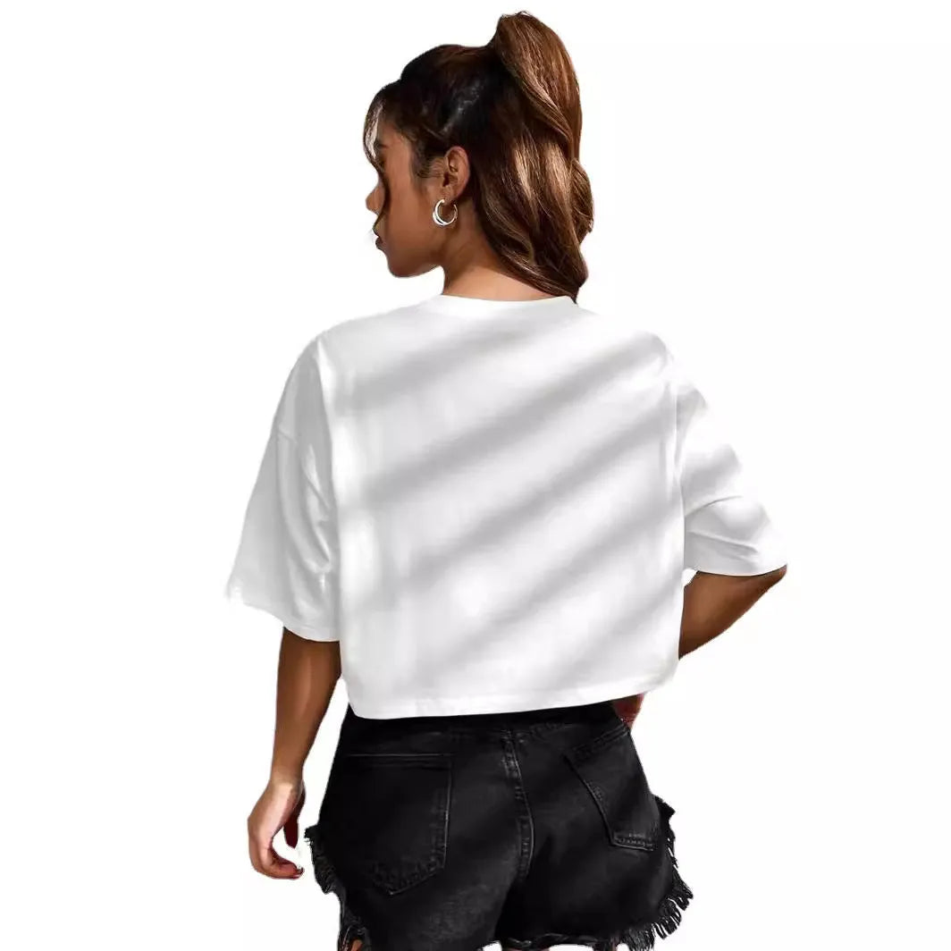 Women's loose black cotton t-shirt with white printed English letters and an exposed navel design.