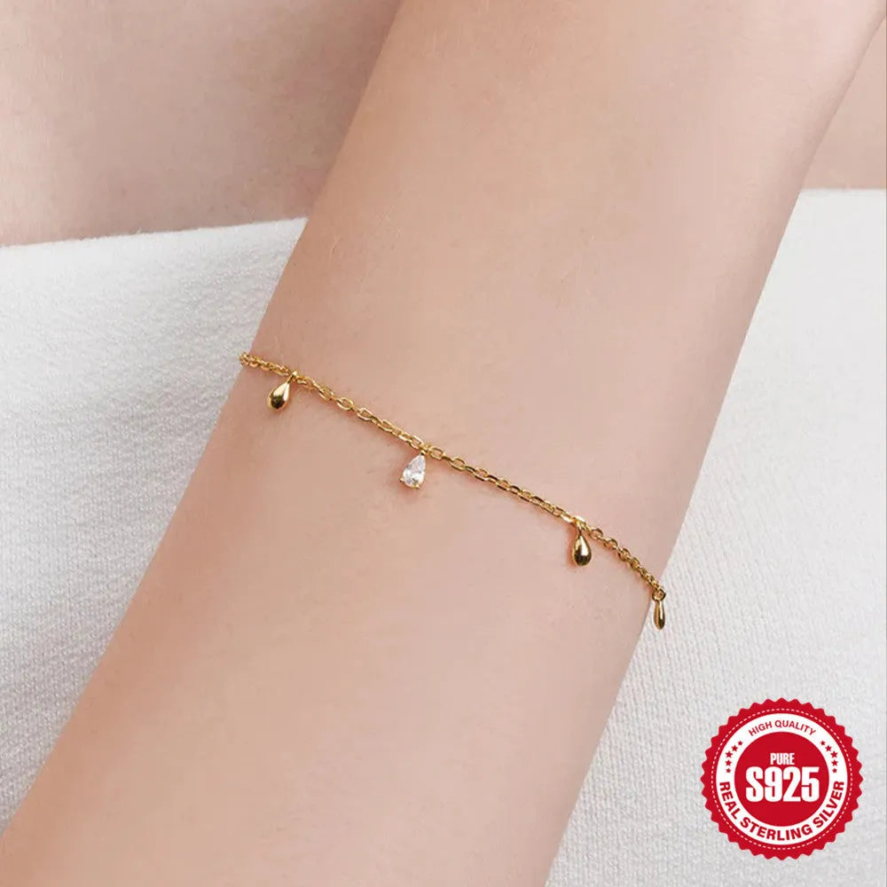 Gold colour 925 sterling silver bracelet with water drop diamond pendant for women