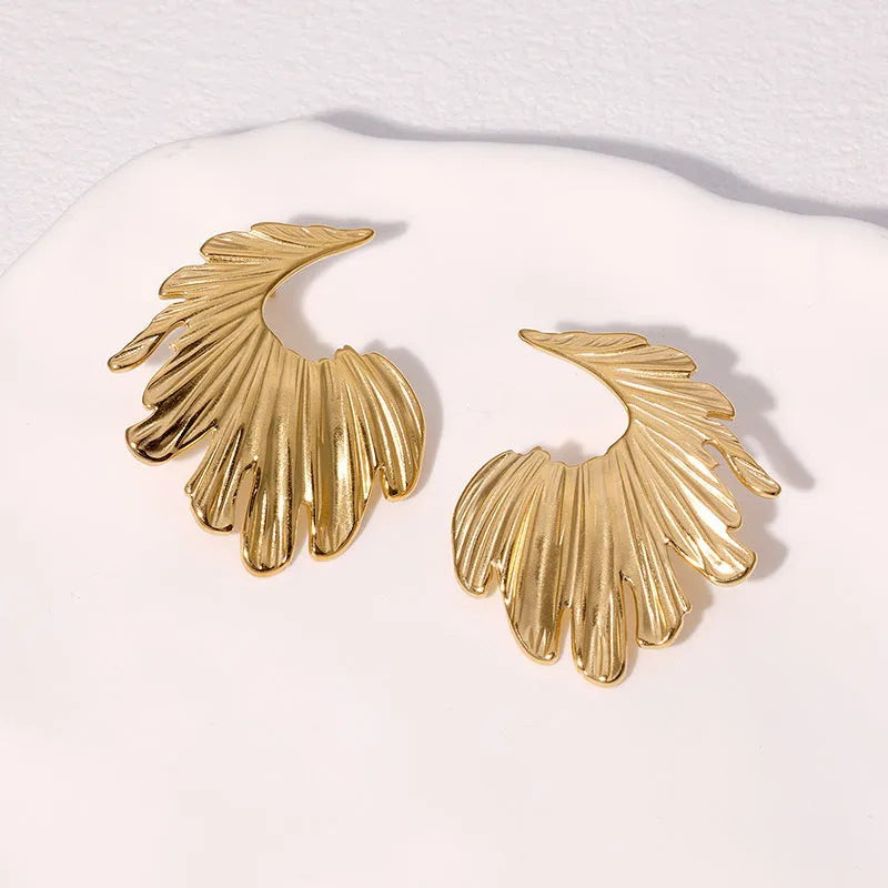 Leaf-shaped alloy earrings with stainless steel construction in gold or steel electroplated finish