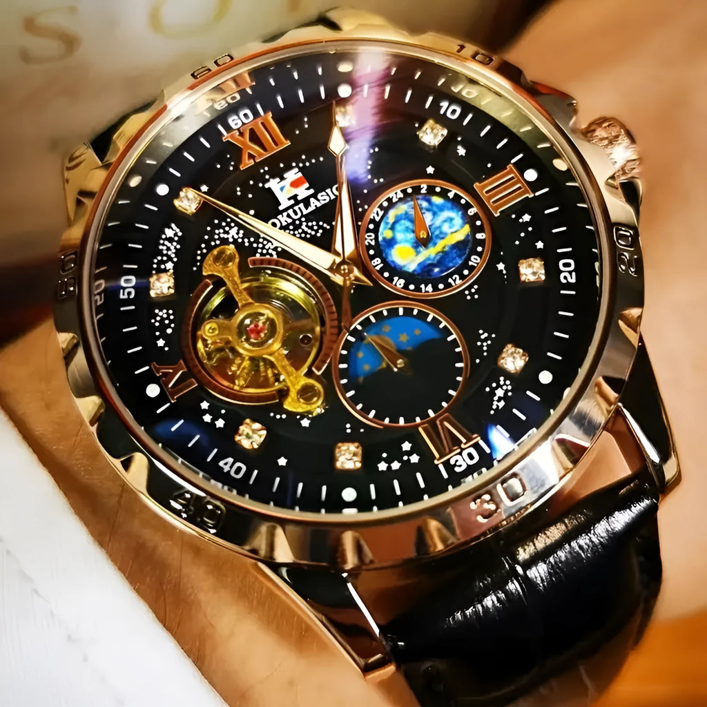 Men's automatic skeleton watch with black dial, rose gold case, and brown leather strap on wrist.