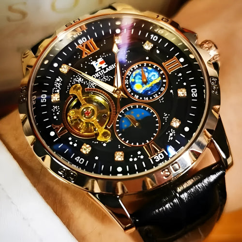 Men's automatic skeleton watch with black dial, rose gold case, and brown leather strap on wrist.