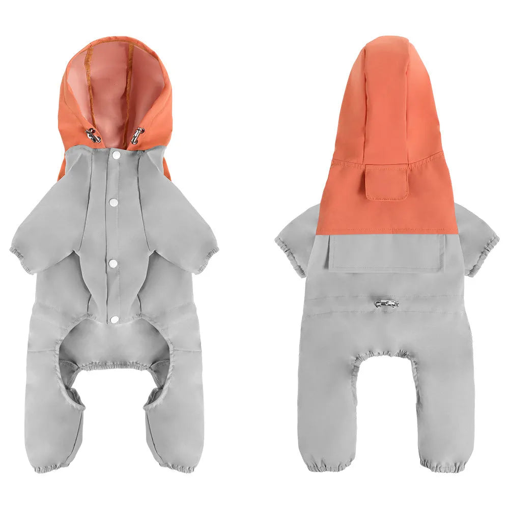 Khaki coloured waterproof polyester shell jacket on a small to medium sized dog.