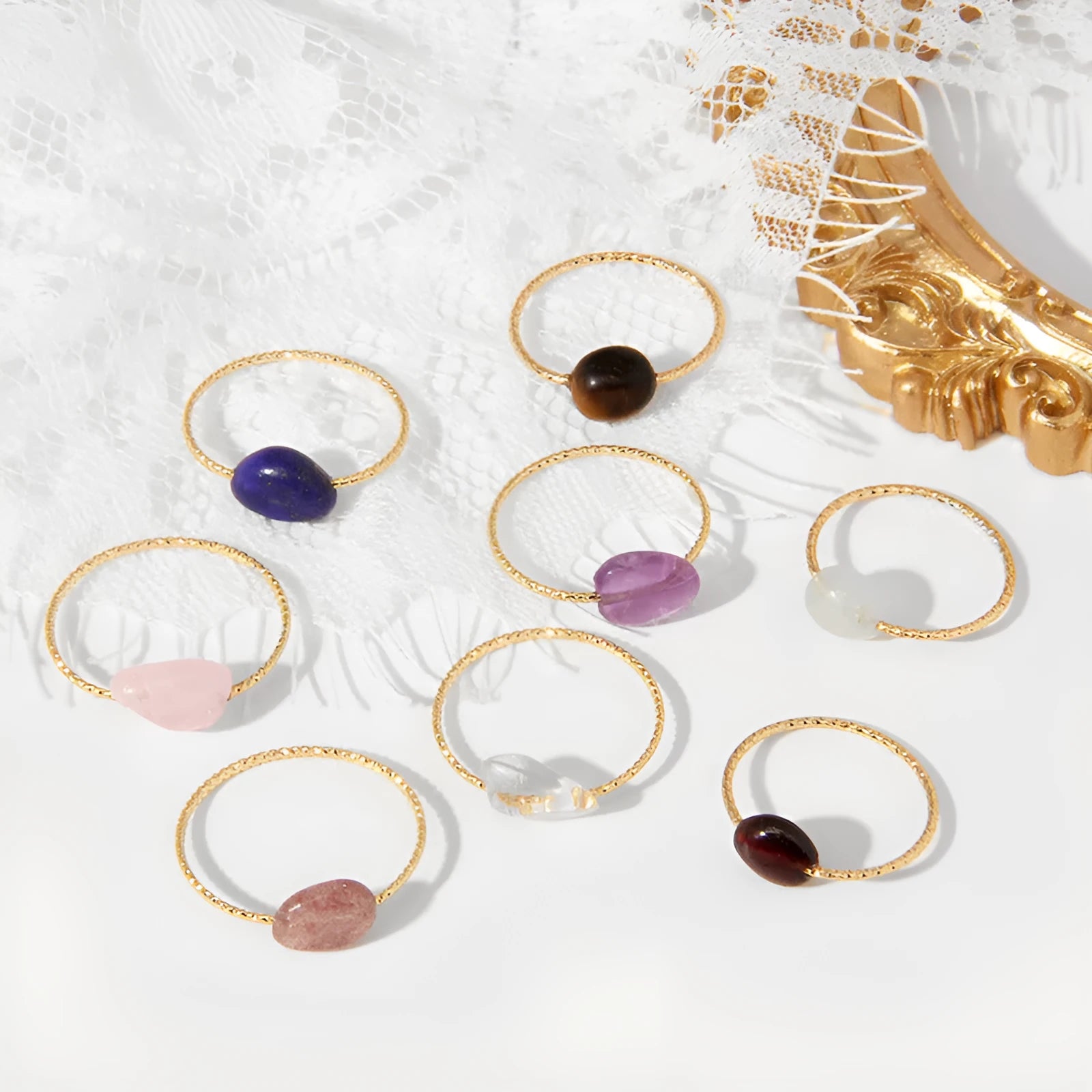 Geometric-shaped agate ring for women in a choice of eight colours on a neutral background.