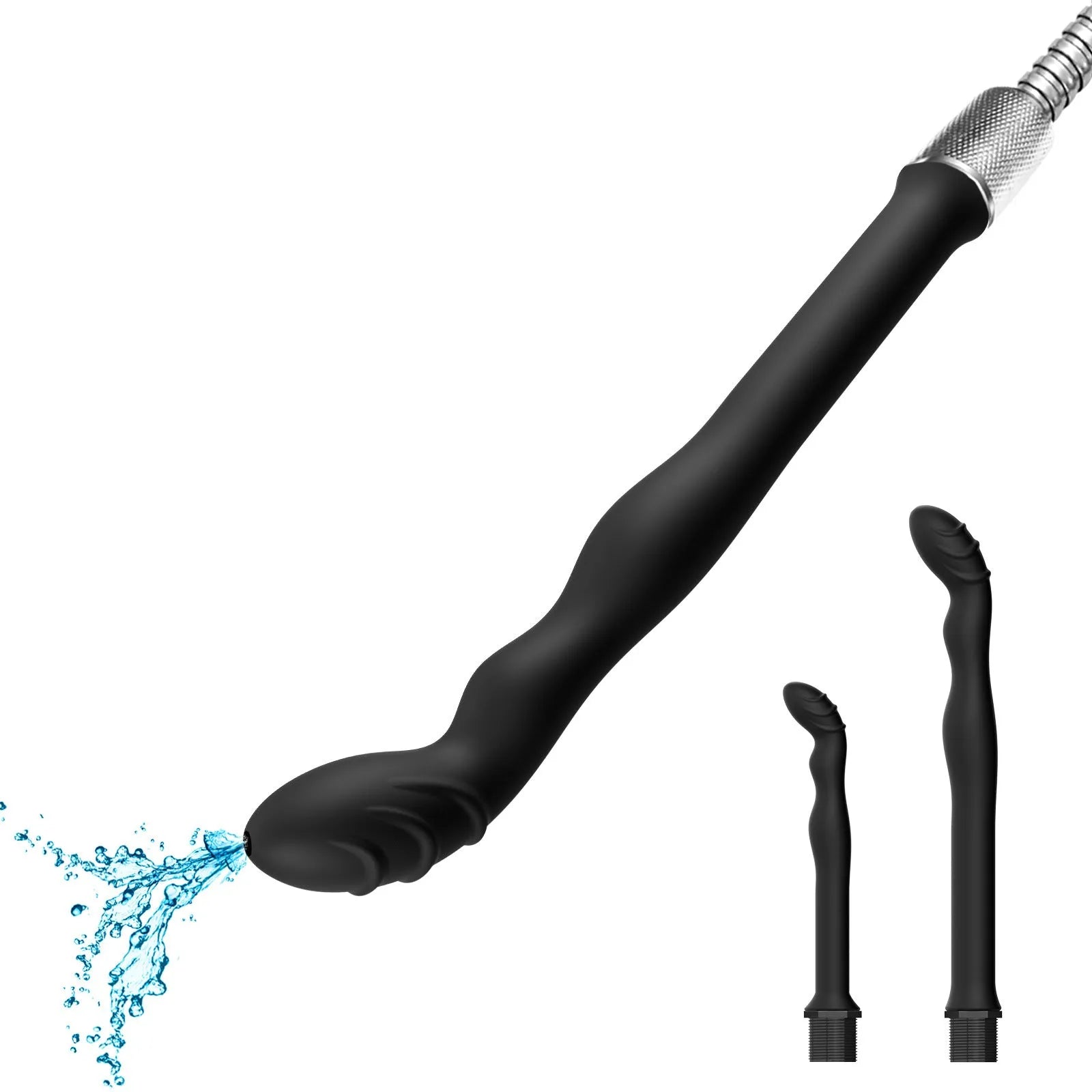Black silicone hosepipe flusher for outdoor cleaning, shown in large and small sizes.