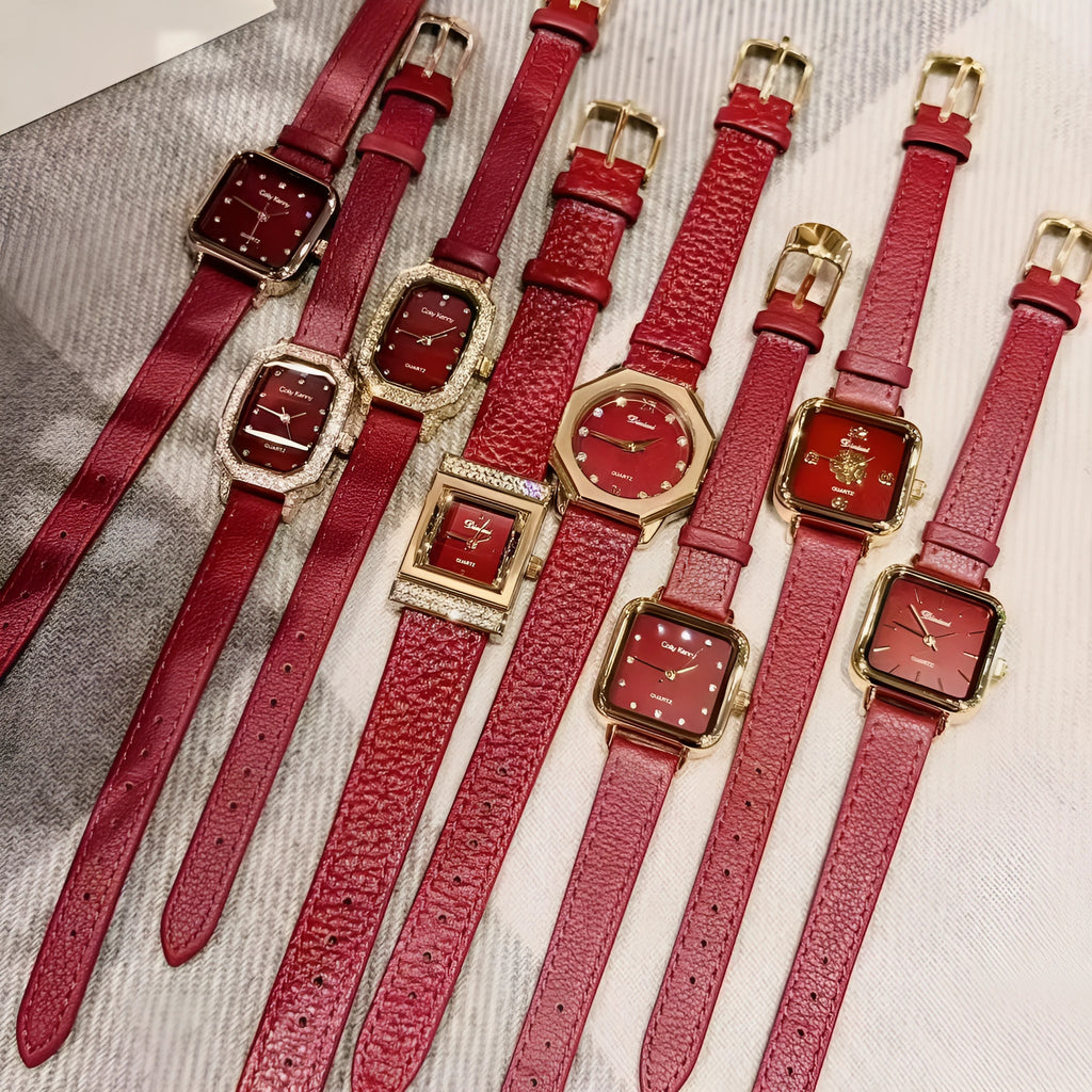 Chinese style red alloy women's wristwatch with a decorative dial on a 8mm thick case.
