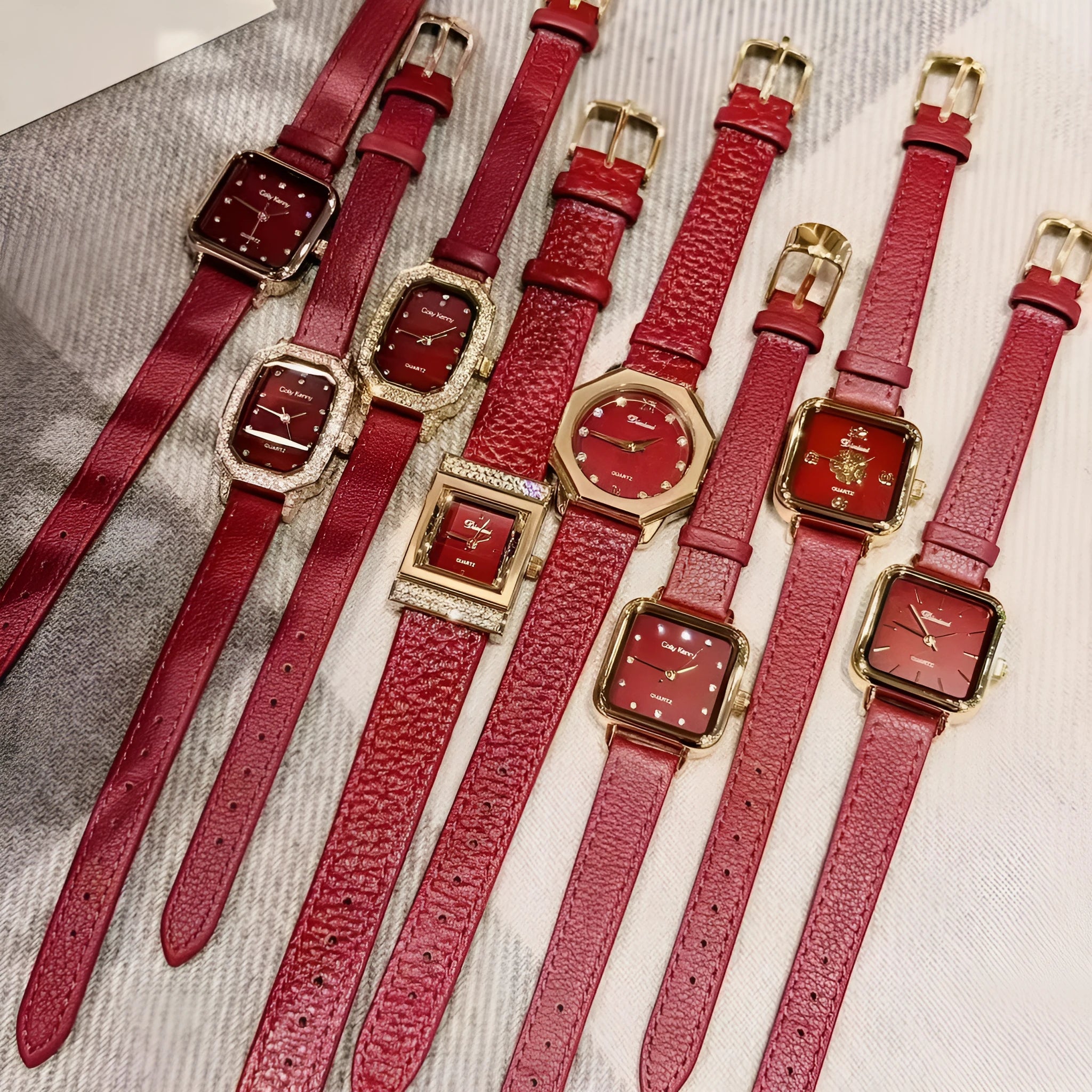 Chinese style red alloy women's wristwatch with a decorative dial on a 8mm thick case.