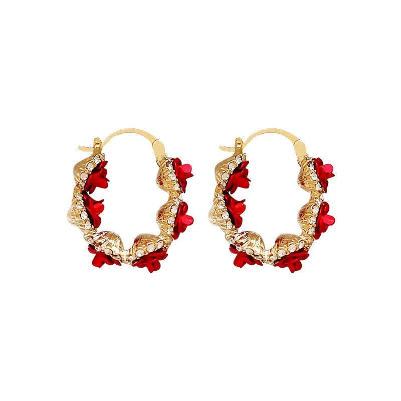Red rose pattern alloy clip earrings with floral design for non-pierced wear