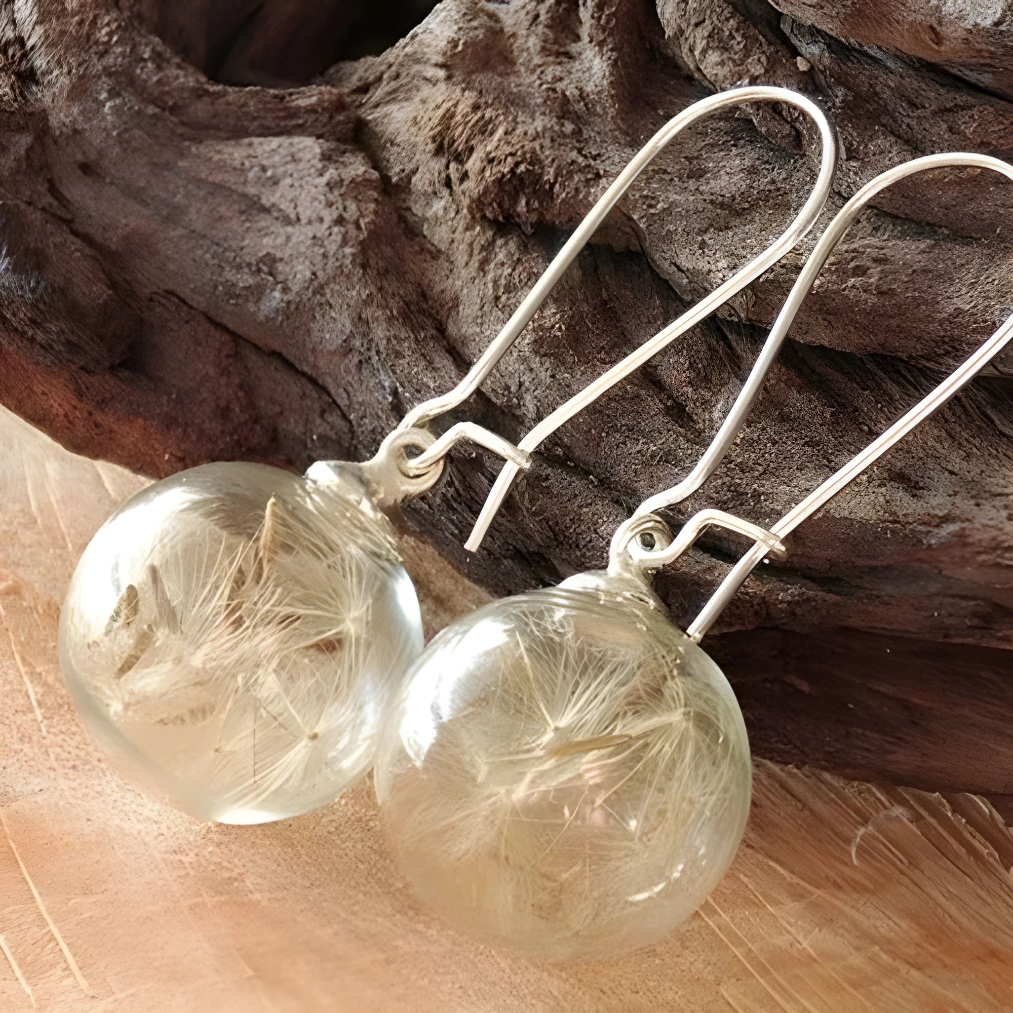 Transparent glass dandelion seed earrings on French hooks in 10mm and 16mm sizes