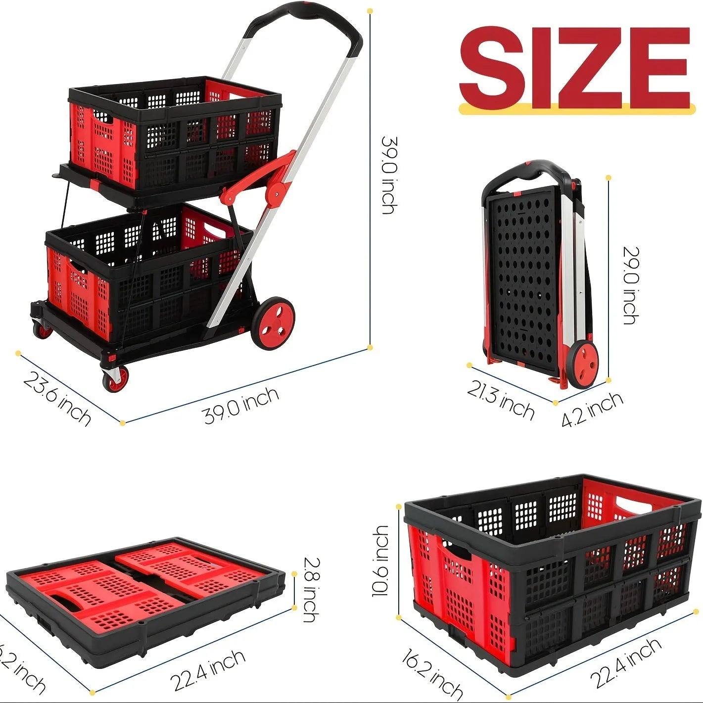 Blue foldable shopping trolley with double plastic baskets and wheels, shown with handle extended.