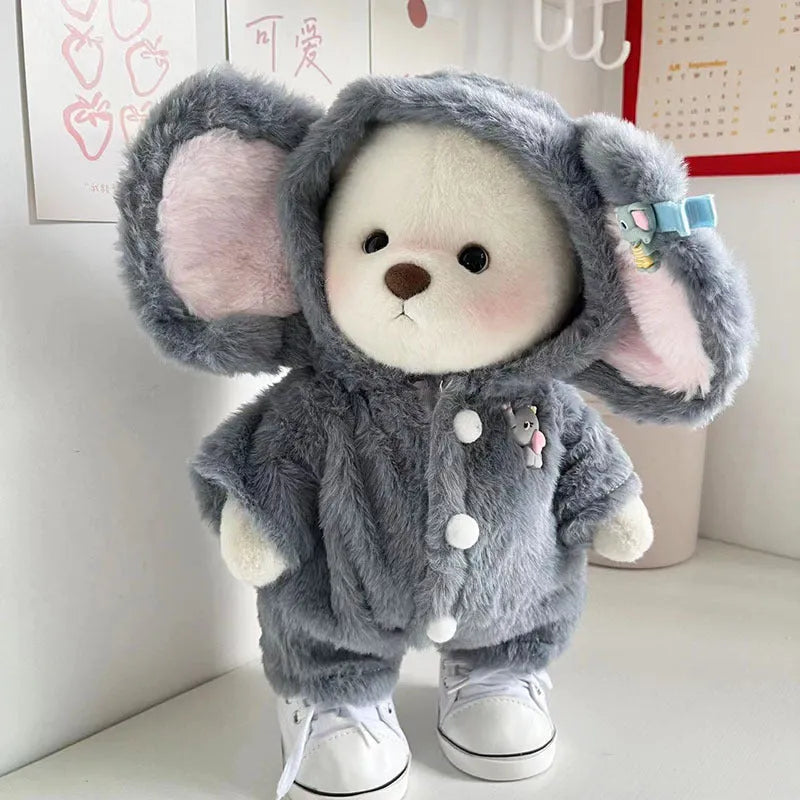 Grey elephant print plush jumpsuit for dressing a 30cm tall teddy bear or Lina bear doll.