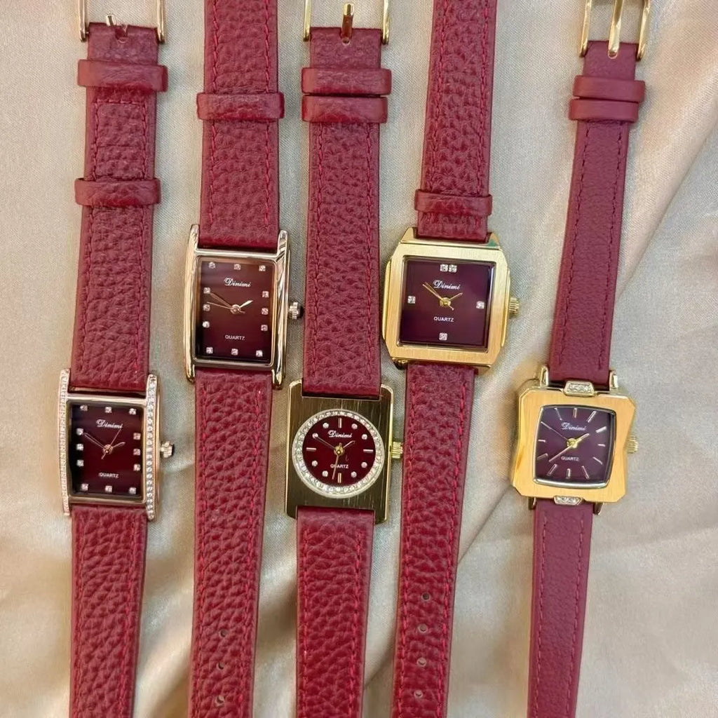 Chinese style red alloy women's wristwatch with a decorative dial on a 8mm thick case.