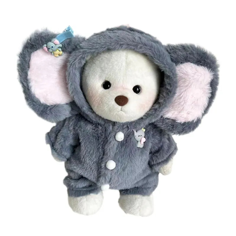 Grey elephant print plush jumpsuit for dressing a 30cm tall teddy bear or Lina bear doll.