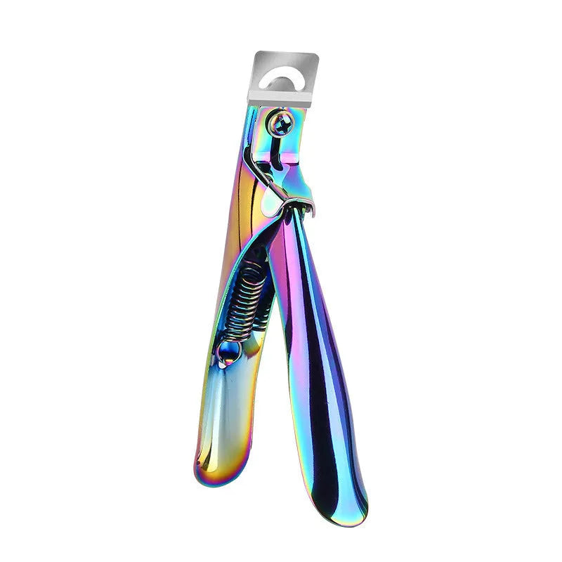 Stainless steel nail scissors with French U-shaped blades for nail art, shown in black, titanium, or silver finishes.