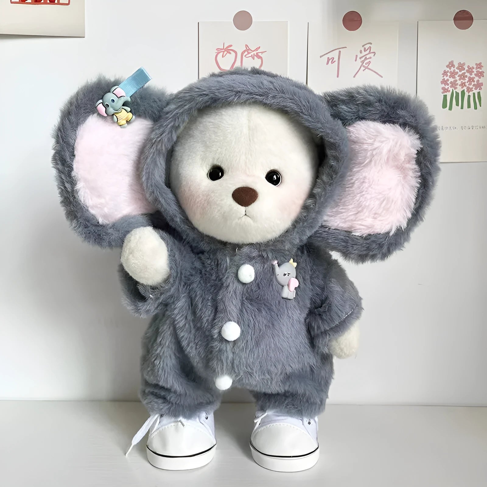 Grey elephant print plush jumpsuit for dressing a 30cm tall teddy bear or Lina bear doll.