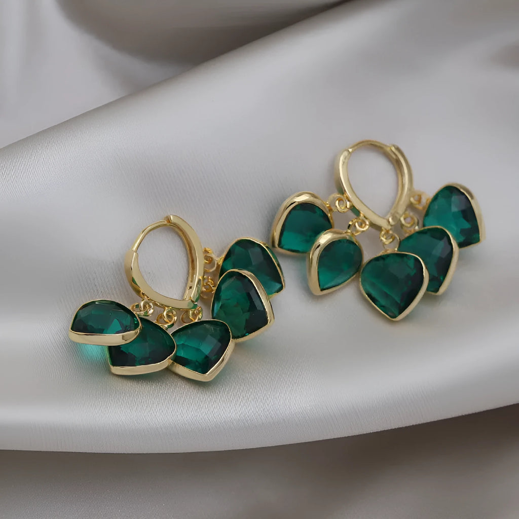 Korean style green heart pendant glass ear clip earrings with copper alloy construction