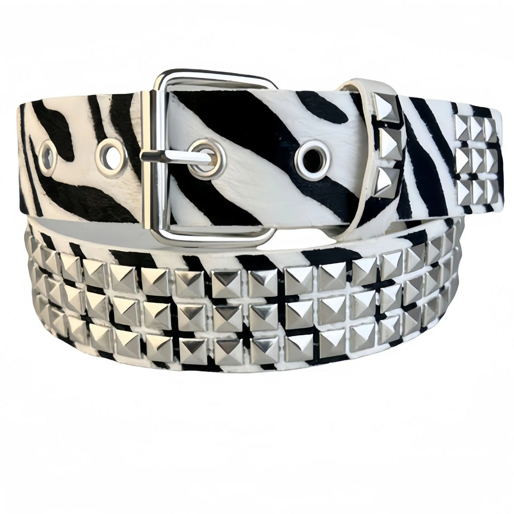 Women's punk belt with metal rivets and animal print pyramid pattern on PU leather strap