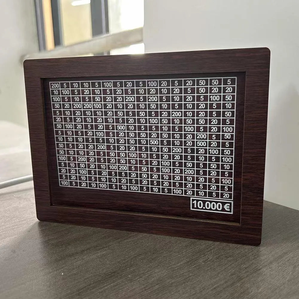 Wooden digital coin bank with retro design showing currency library styling
