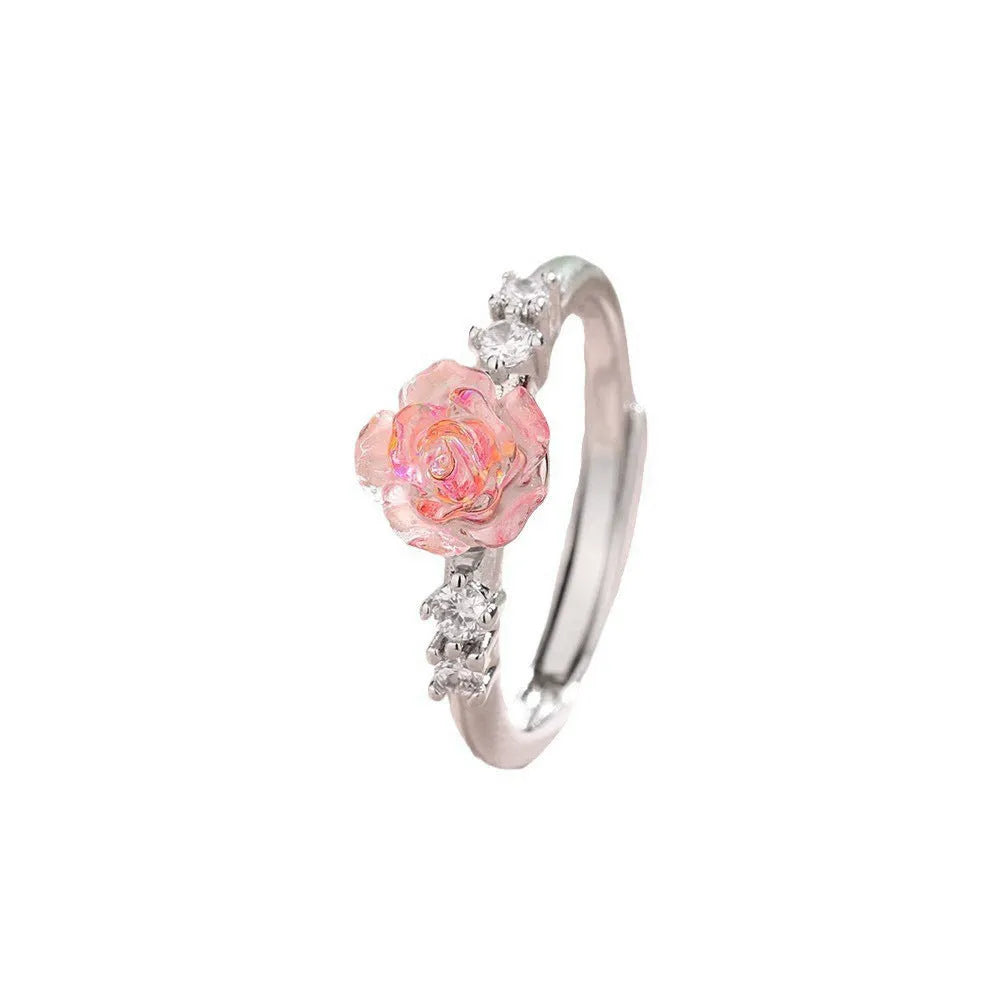 Copper flower ring with rose camellia design and zircon inlay, adjustable opening, 2g weight, available in multiple colours