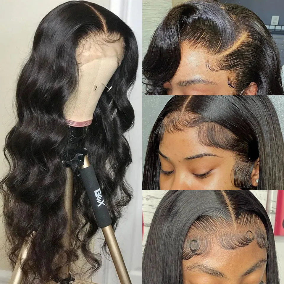 Black synthetic long curly wig with front lace cap and side bangs on a display head.