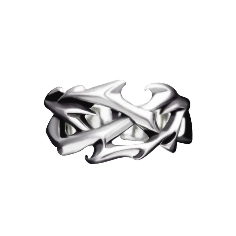 Copper men's ring with thorn and flower design on a geometric band, showing adjustable opening.