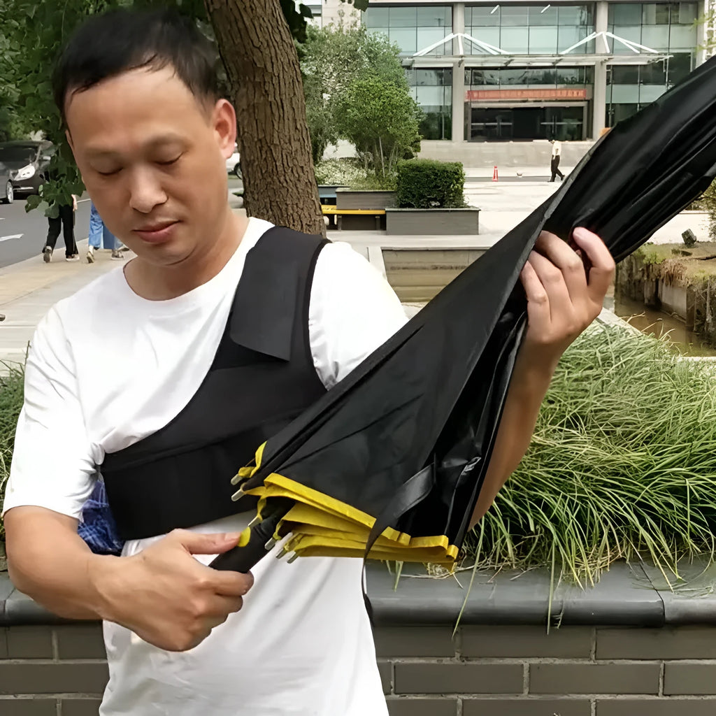 Black diving cloth umbrella holder with shoulder strap shown holding a manual umbrella.