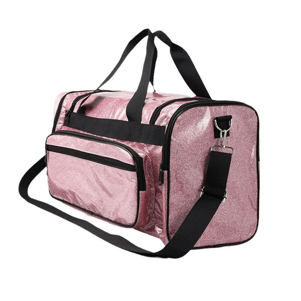 PU leather sports handbag in silver colour showing large capacity interior and organisational compartments