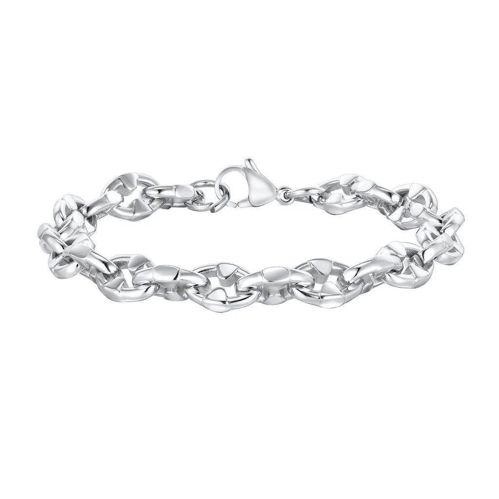 Thick stainless steel handmade chain bracelet with a geometric shape in a steel colour.