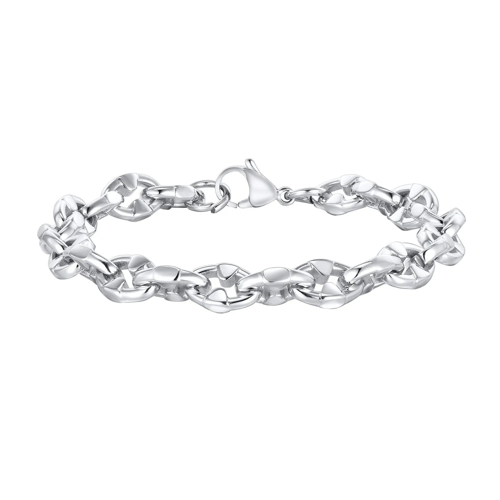 Thick stainless steel handmade chain bracelet with a geometric shape in a steel colour.