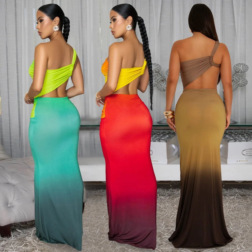 Women's gradient colour cross-shoulder sleeveless dress with a high waist and long skirt.