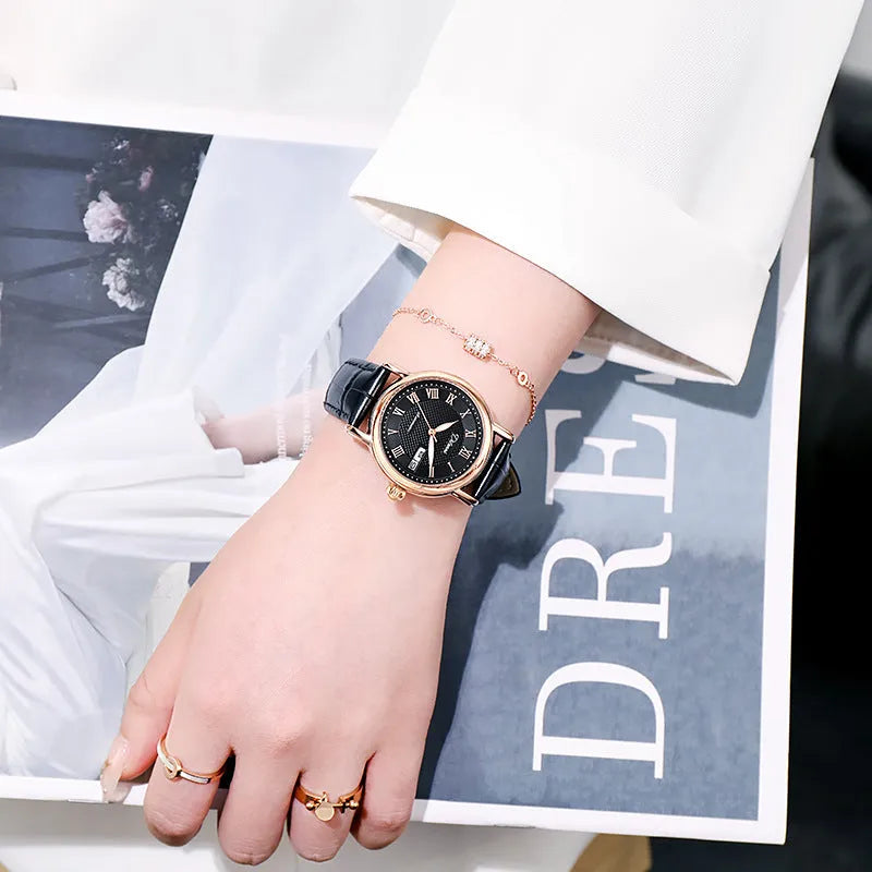 Women's automatic mechanical watch with steel case and choice of steel bracelet or coloured leather strap.