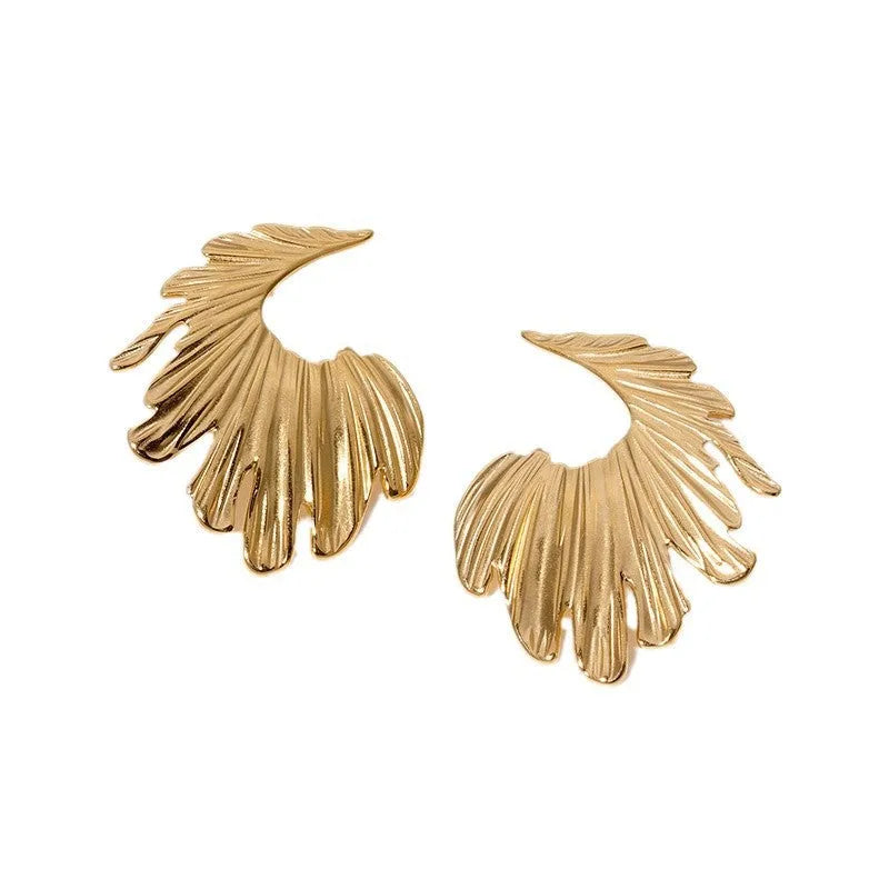 Leaf-shaped alloy earrings with stainless steel construction in gold or steel electroplated finish