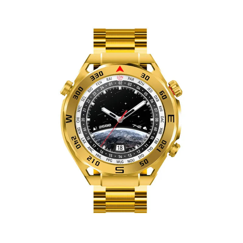 Smart phone Bluetooth sports watch with 1.39 inch screen, zinc alloy IML case, liquid silicone steel belt strap, in Black, Gold, or Silver.