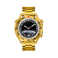 Smart phone Bluetooth sports watch with 1.39 inch screen, zinc alloy IML case, liquid silicone steel belt strap, in Black, Gold, or Silver.