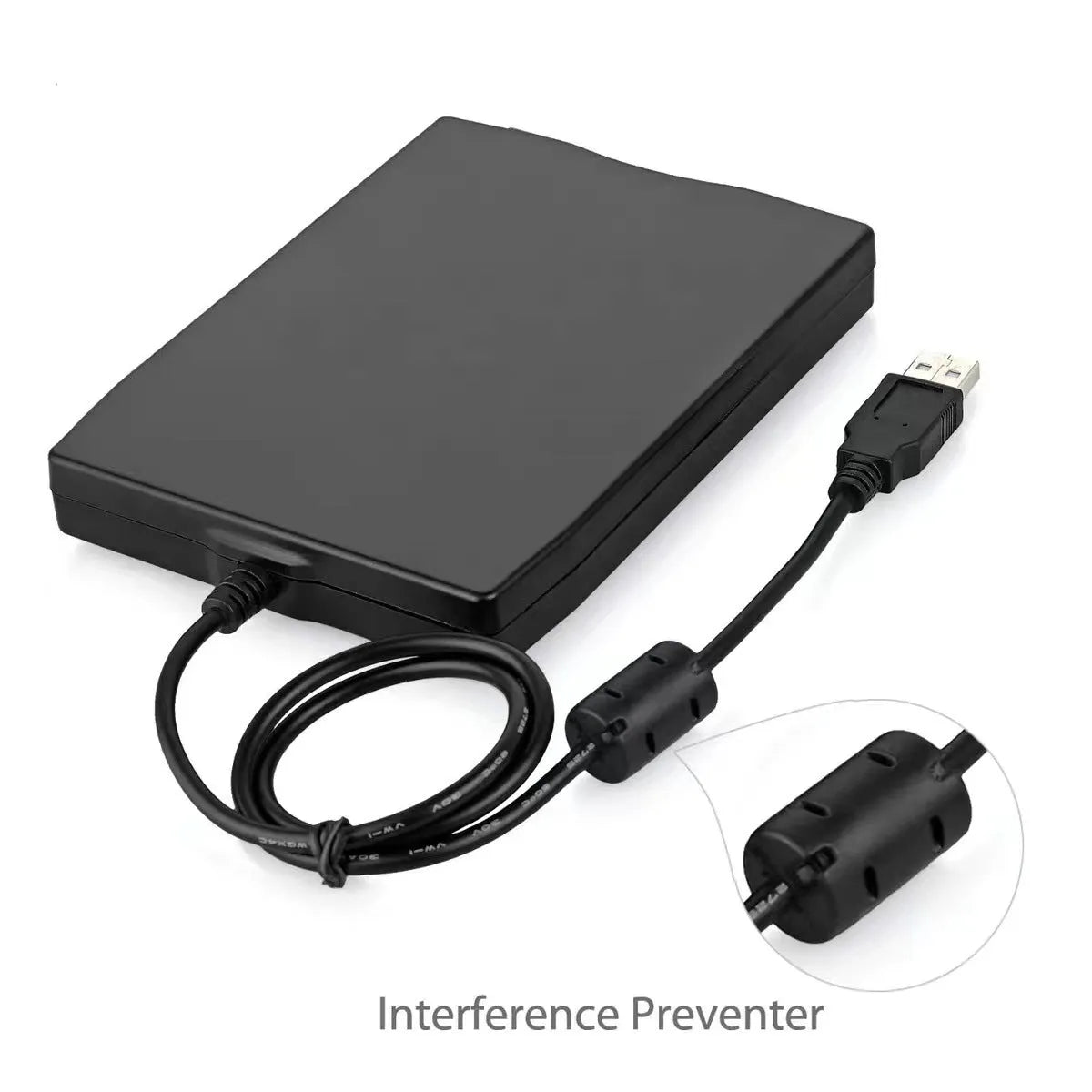 External black USB floppy drive for 35 disquete disks on a light background