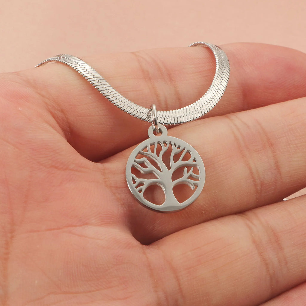 Stainless steel lucky tree pendant necklace on snake bones chain, adjustable 51-60cm length