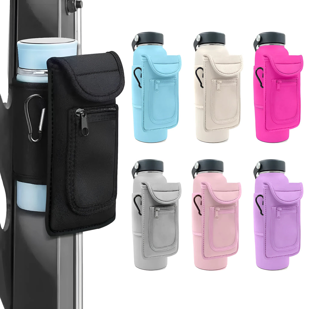 Fitness magnetic cup sleeve in various colours showing magnetic and carabiner closure styles