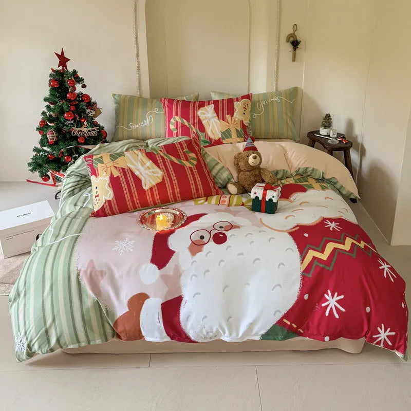 Christmas cartoon printed duvet cover and pillowcase set on a bed, showing Gingerbread Man or Tinker Bell design.