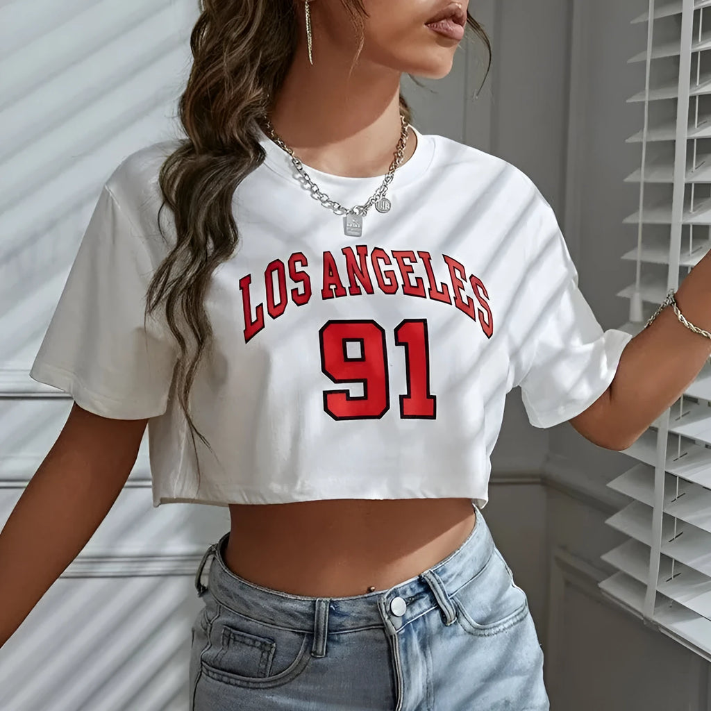 Women's loose black cotton t-shirt with white printed English letters and an exposed navel design.