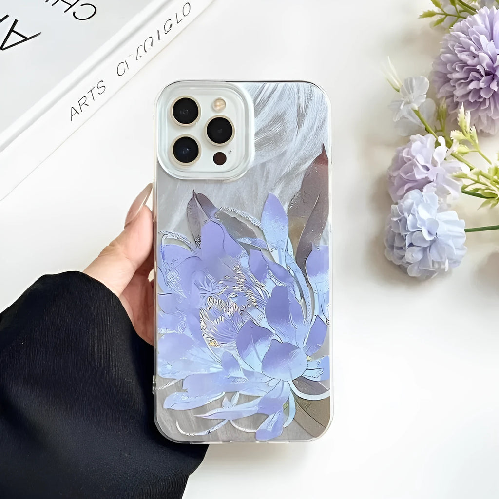 Blue Lotus Light Luxury hard plastic case for Apple iPhone on a table