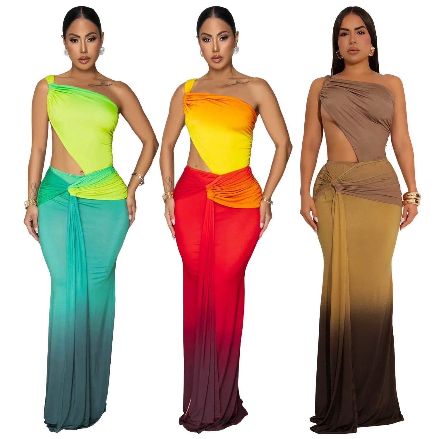 Women's gradient colour cross-shoulder sleeveless dress with a high waist and long skirt.