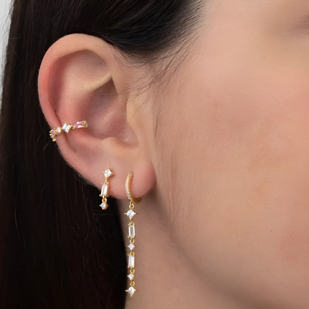 Sterling silver geometric tassel ear clips with colourful micro-inlaid zircon stones and clip-on fastening
