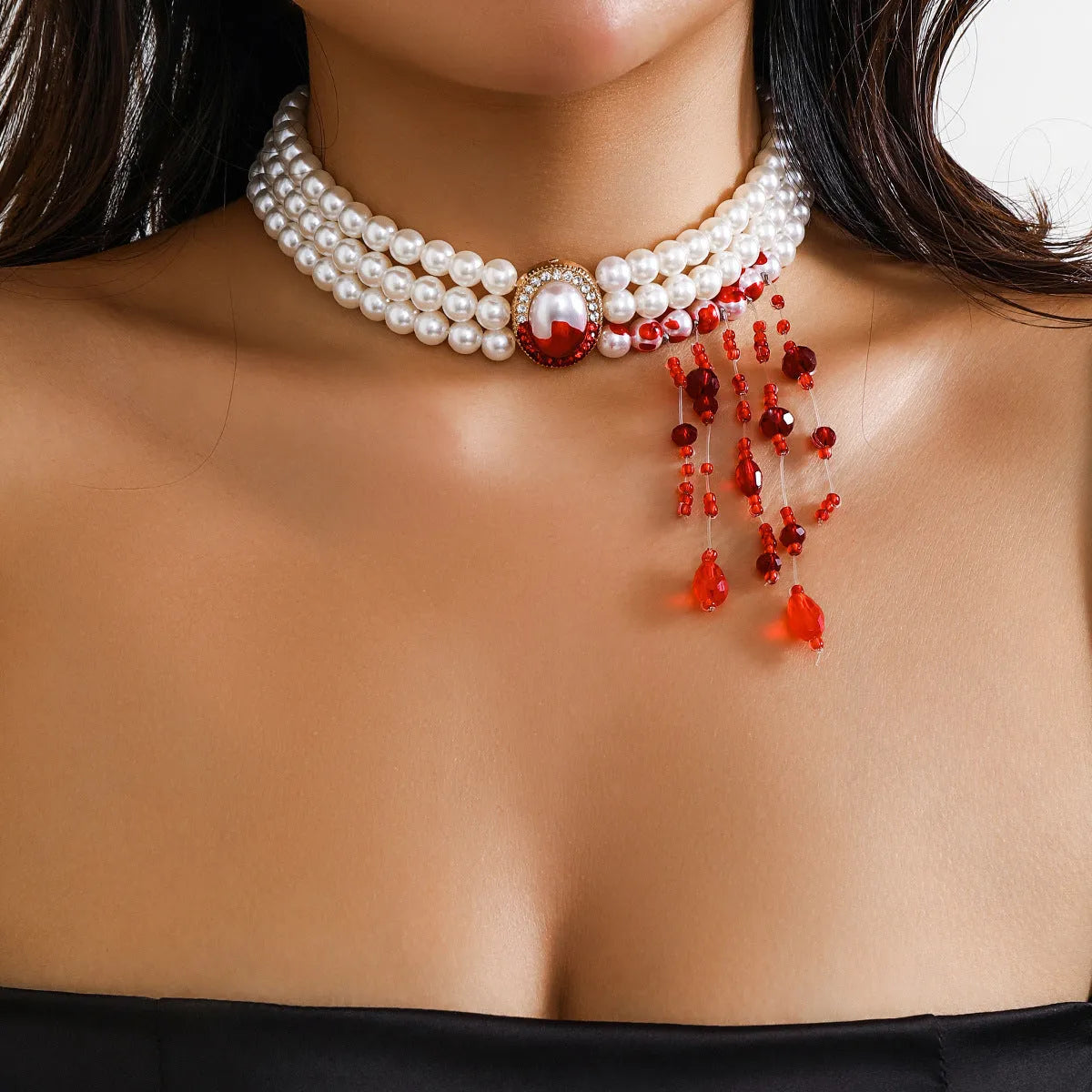 Halloween pearl collar jewellery set with gold electroplated necklace, bracelet and earrings in retro gothic style